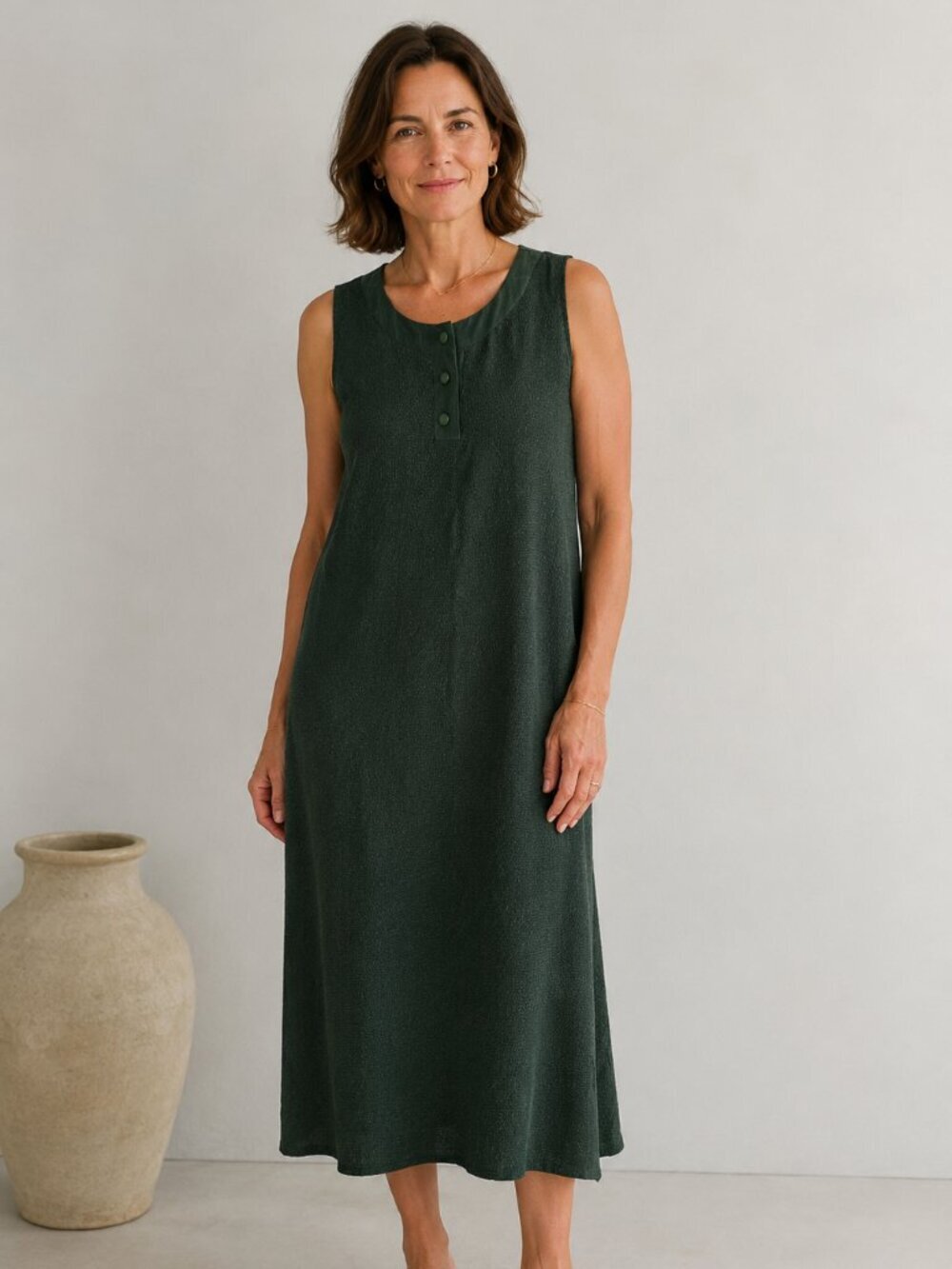 Made in U.S.A. 100% Silk Sleeveless Textured Summer Dark Green Midi Dress, Large